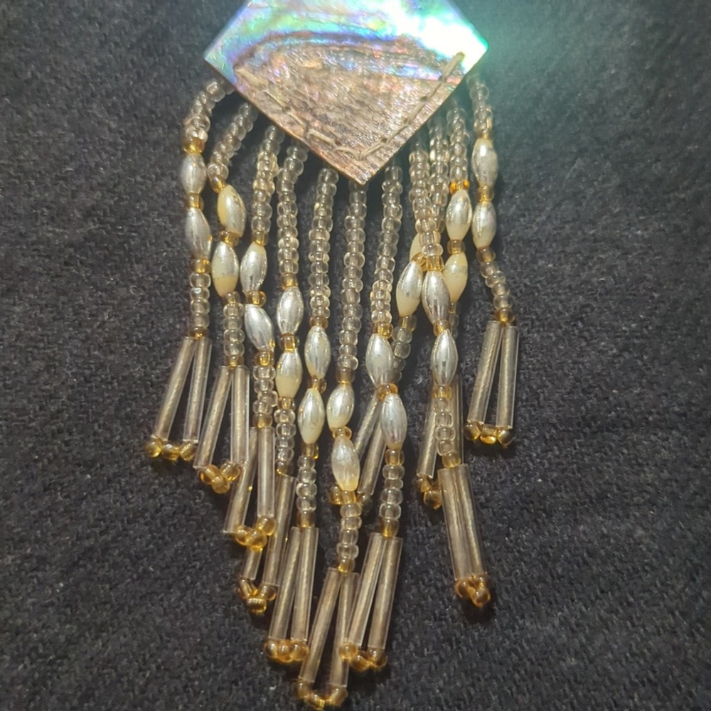Vintage Silver Tone Abalone Shell Beaded Dangle Pendant Statement Necklace - Picture 6 of 6